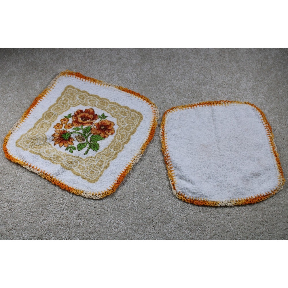 Vintage Handmade Crochet Edge Washcloths Set of 2 Floral 12in Bathroom Towels